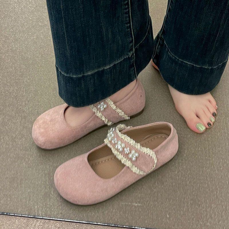 Туфли Мэри Джейн с липучками и жемчугом, женские, весна 2025 г., неутомимые ноги, мягкая подошва, верхняя одежда, темперамент, стиль феи, вечерние туфли
