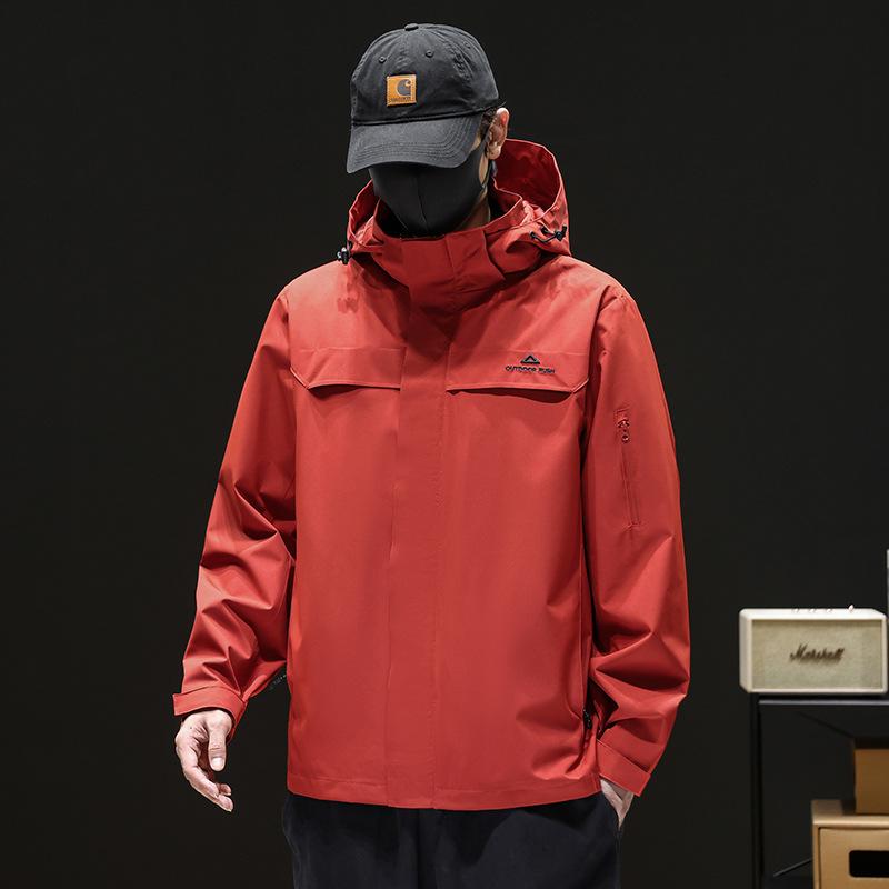 Men's Light Gray Hooded Outdoor Jacket - Waterproof Windbreaker with Zipper Pockets