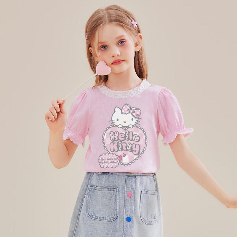 Hello Kitty Летняя детская футболка с мультяшным принтом в виде сердца и пышными рукавами