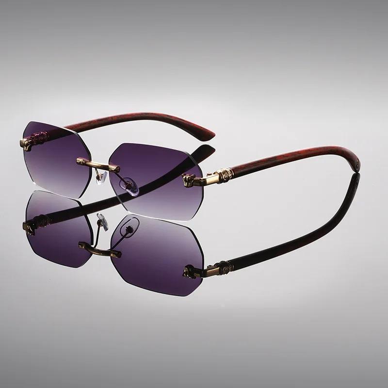 Модные безободковые солнцезащитные очки с обрезанными краями Женские высококлассные ретро очки Мужские дужки под дерево Голова леопарда Солнцезащитные очки