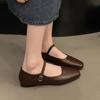 Women Flats French Square Toe Pumps Buckle Strap Mary Jane Shoes Brown Black Microfiber Leather Shoes Soft Sole Lady Work Shoes