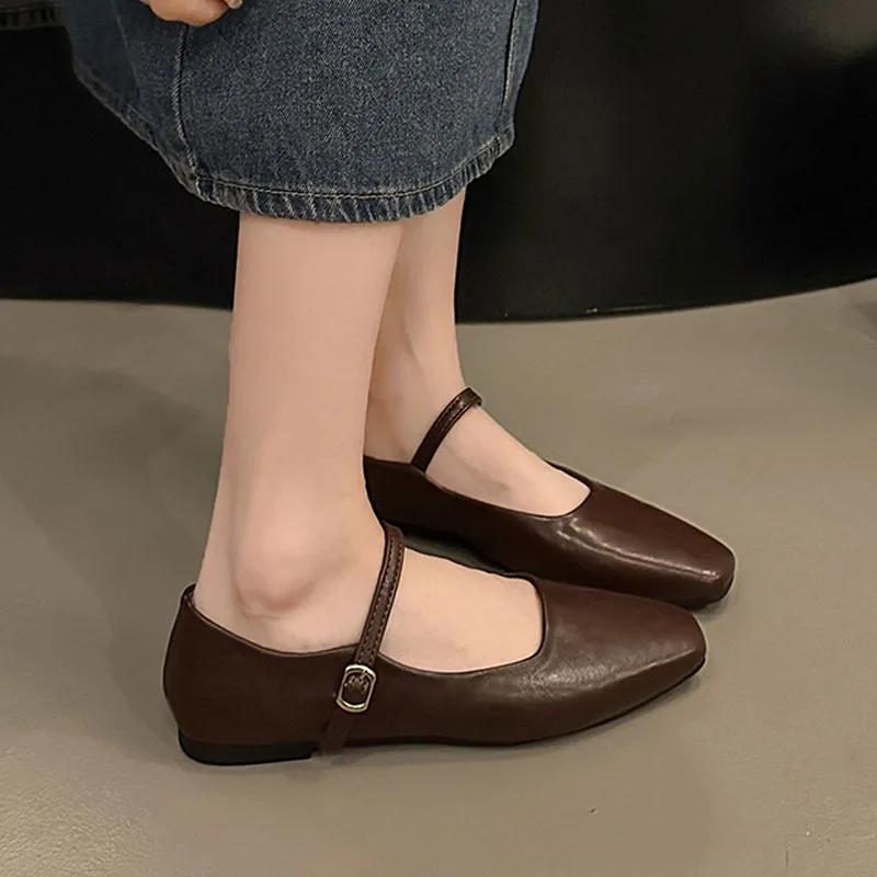 Women Flats French Square Toe Pumps Buckle Strap Mary Jane Shoes Brown Black Microfiber Leather Shoes Soft Sole Lady Work Shoes