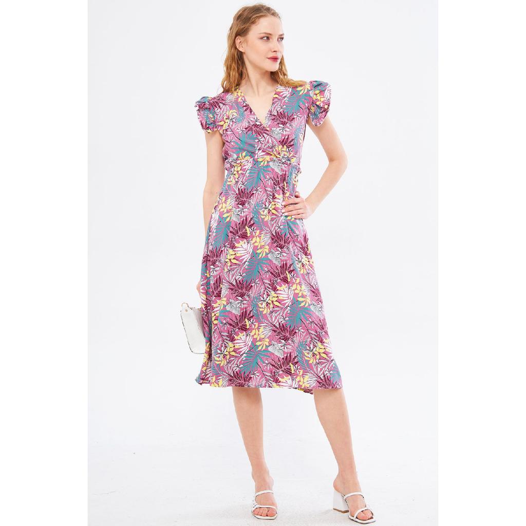 Женское бежевое платье-миди, двубортный воротник, рюши на плечах, эластичная резинка на талии, длина миди, рука-24y001020