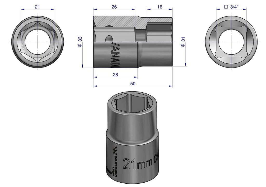 Hexagonal socket 3/4". 21 . CrV50BV30. DIN 3124. Waryński