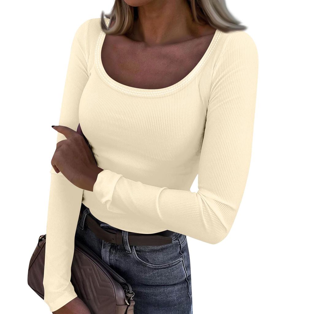 Women's  And Winter Slim Bottom T-shirt Fashion Casual Solid Color U Neck Pullover Long Sleeve Top