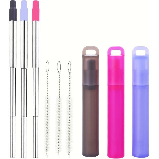 NAIVELY-Reble Metal Straws 3 Pack Collapsible Stainless Steel Straw,travel straw with case and Cleaning Brush,Retractable Portable Pocket