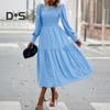 Fall Spring Women Dress Long Lantern Sleeves A-line Patchwork Round Neck Solid Color Pleated Bohemian Style Midi Dress Party Dating Dress