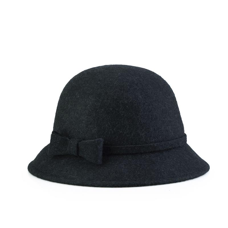 Hat Ladies felt hat autumn and winter new pure wool bow woolen basin hat strength one piece