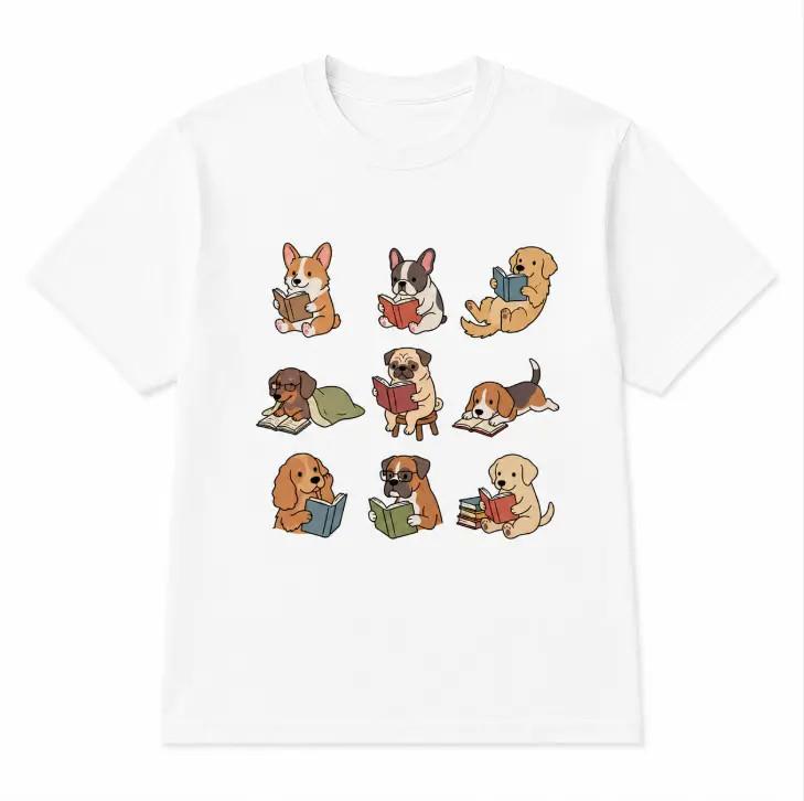 Funny Reading Dog Graphic T-Shirt Book Lover Puppy Animal Tee