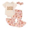 Baby Girl Summer Outfits Letter Print Short Sleeve Rompers Floral Print Flare Pants Headband 3Pcs Clothes Set