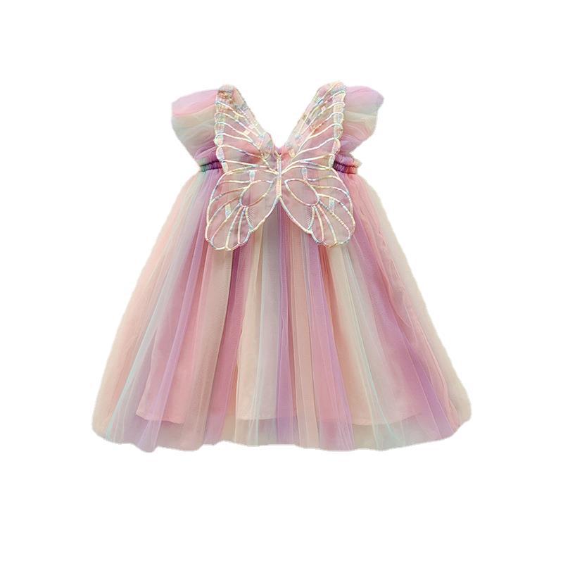 Girls Summer Rainbow Tulle Princess Dress With Flutter Sleeves And Puffy Skirt For Kids Party Wear