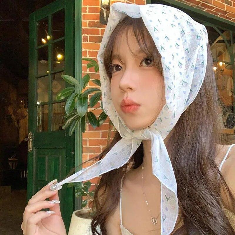 Шарф для волос с цветочным принтом, повязка на голову, бандана, женский летний тонкий шифоновый солнцезащитный платок, ретро треугольный шарф, тюрбан