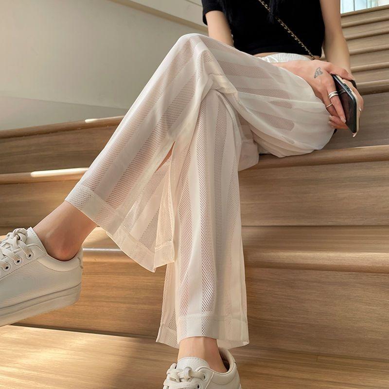 Женские свободные брюки-клеш из тонкой сетки с широкими штанинами, солнцезащитные, с разрезом, с функцией кондиционирования воздуха, повседневные, прямые, длинные брюки на весну/лето
