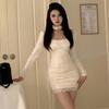 Women's French Lace Splicing Velvet Long Sleeve Slim Fit Dress