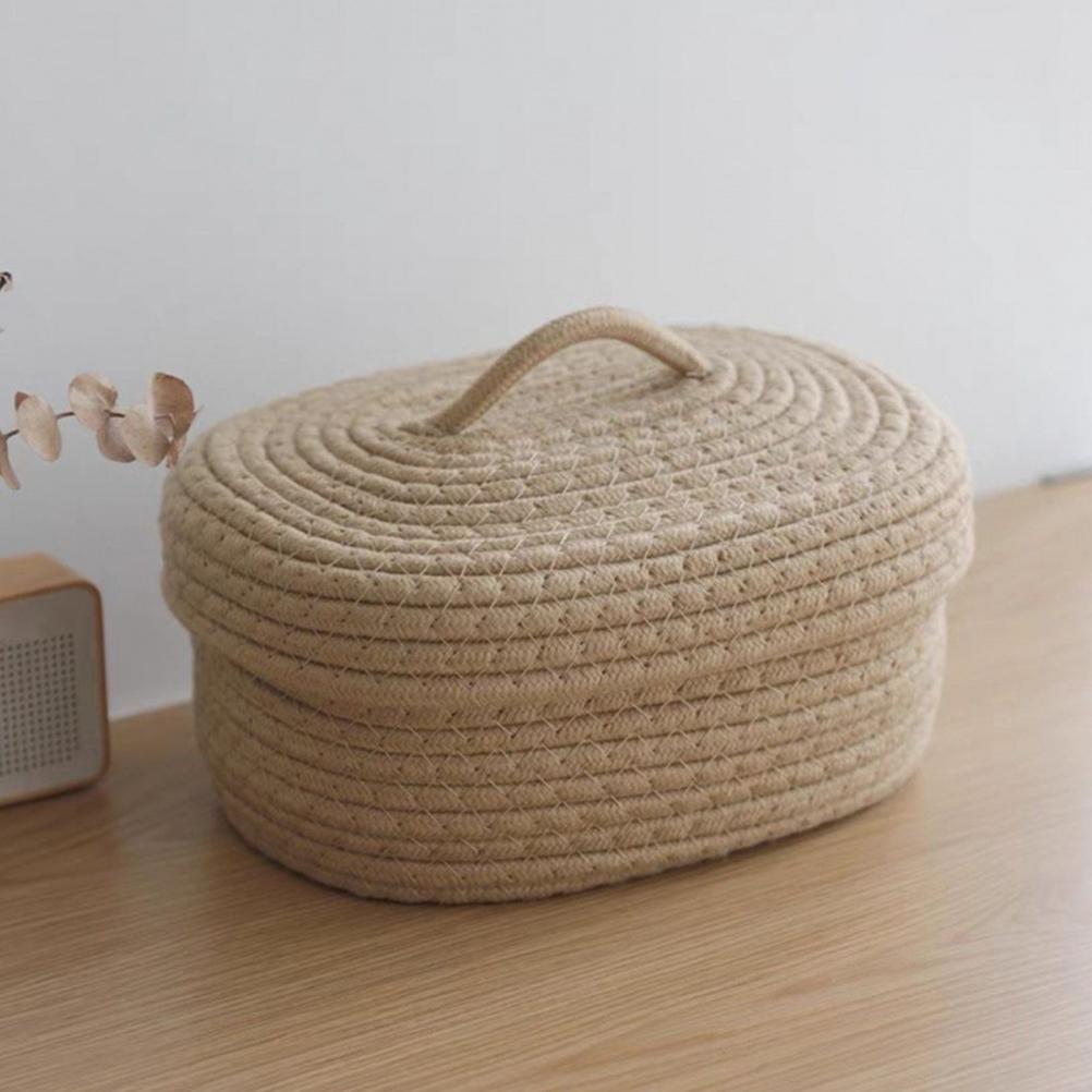 Nordic Simple Style Covered Rope Storage Box Desktop Snacks Toy Cosmetics Basket Khaki Color with Cover Baskets Woven Lids Round