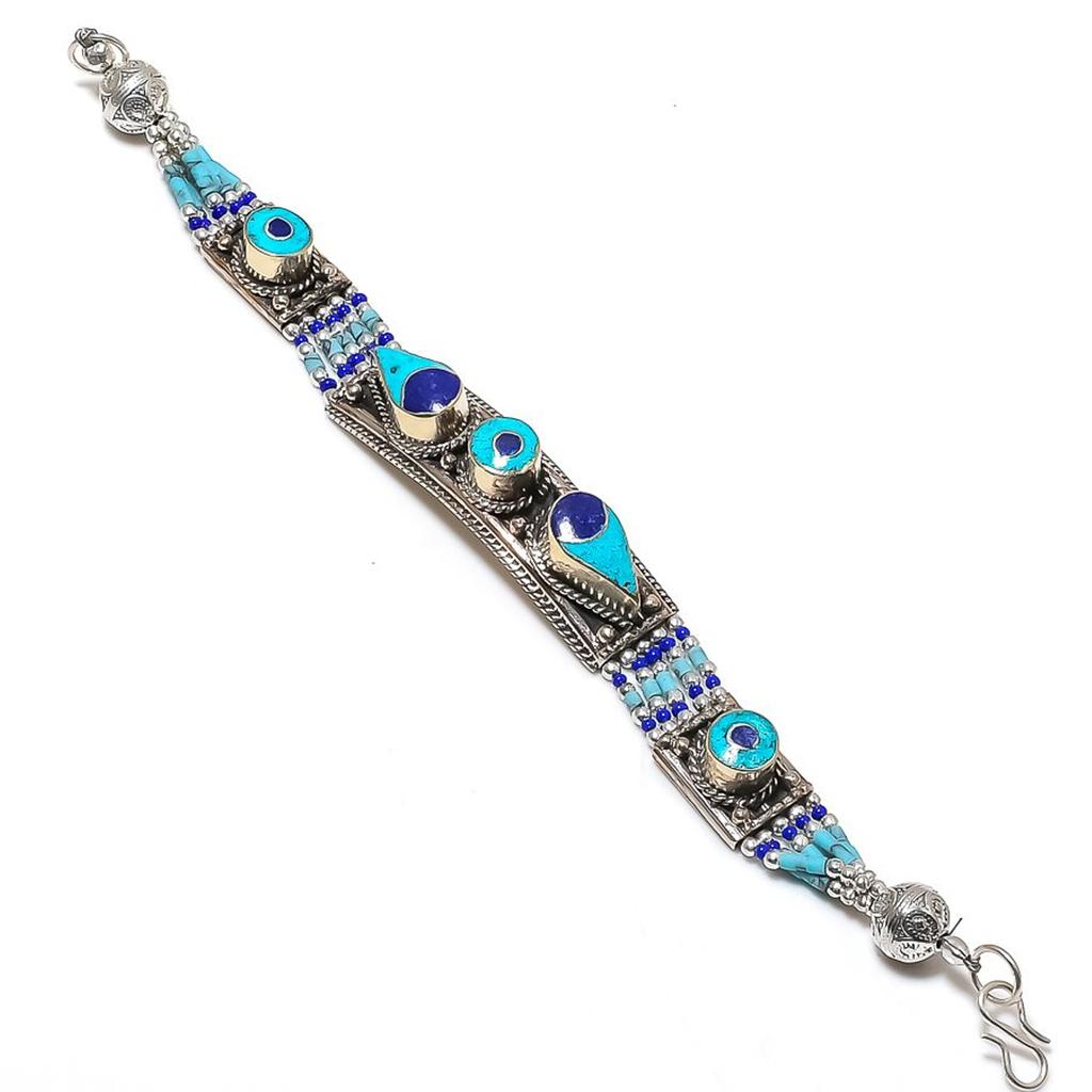Lapis Lazuli Turquoise Bracelet Handmade Boho Tibetan Nepali Jewelry 7" NBB 3414