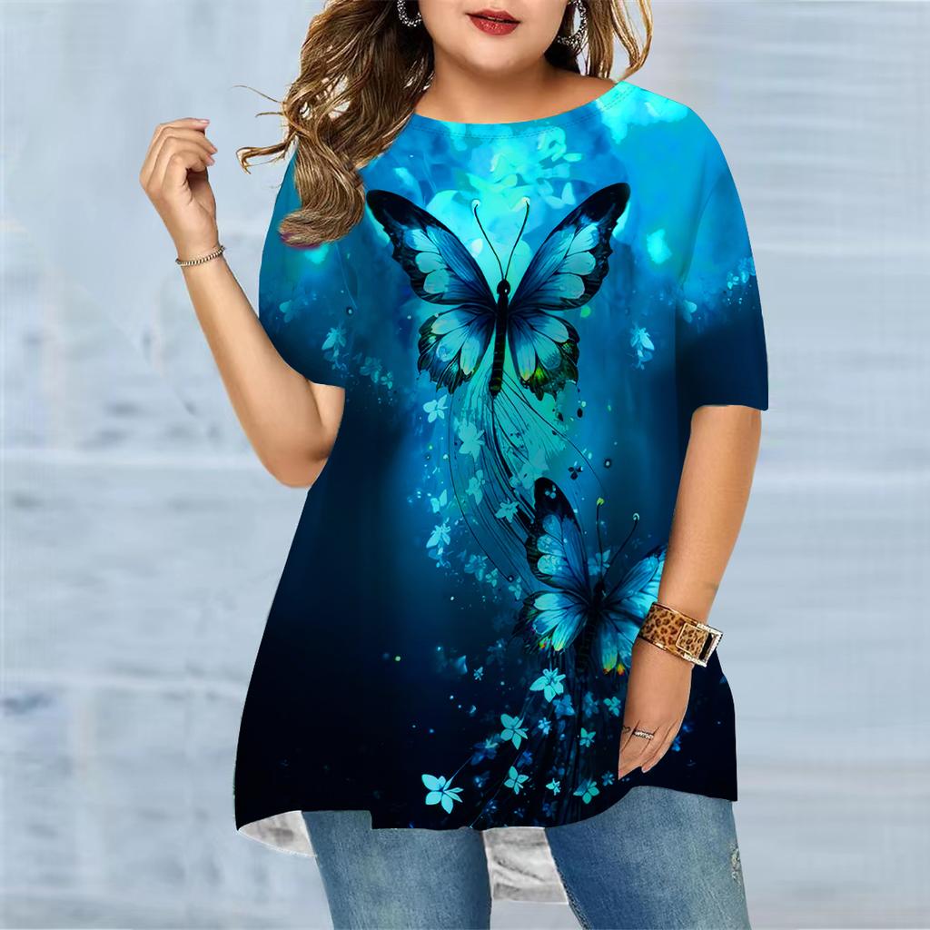 Plus Size Women's Summer Butterfly Flower Print Comfortable Short Sleeved Round Neck T-shirt Casual Baggy Medium Length T-shirt