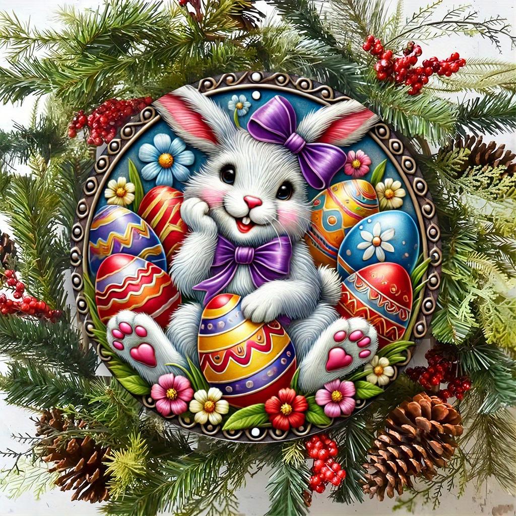 Wooden Vintage Easter Wreath Tin Sign - Round, Nostalgic Wall Decor for Door, Wall, Home, Room, Farmhouse, Street, Shop, Garage, Garden, and Coffee