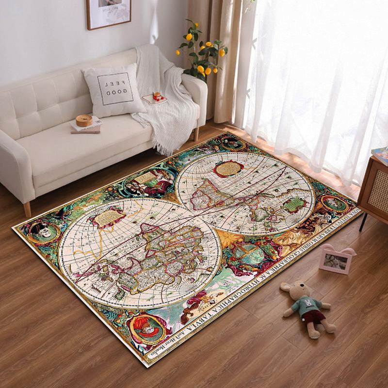 Vintage World Map with Ornate Borders, Non-slip rug suitable for living room and bedroom sofas.