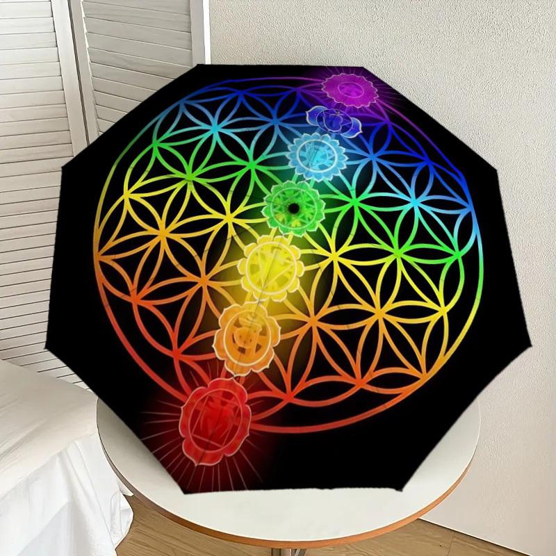 1pc Chakra Flower of Life Mandala Umbrella with Plastic Handle,Suitable for All Seasons Home Travel Outdoor UmbrellaDD210