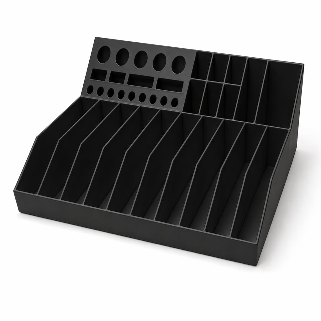 Black workshop tool organizer for screwdrivers and pliers
