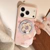 Розовый чехол-подставка с магнитом для iPhone 13, 15, 16 и 17 Promax с дизайном Кекс Кошка Яблоко Золотой.