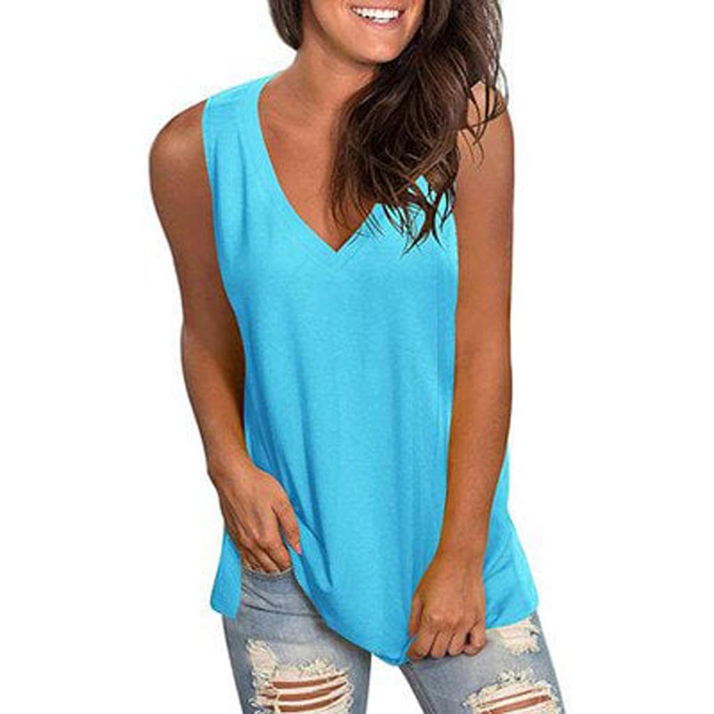 Женская летняя повседневная однотонная свободная футболка без рукавов с v-образным вырезом, топы на бретелях