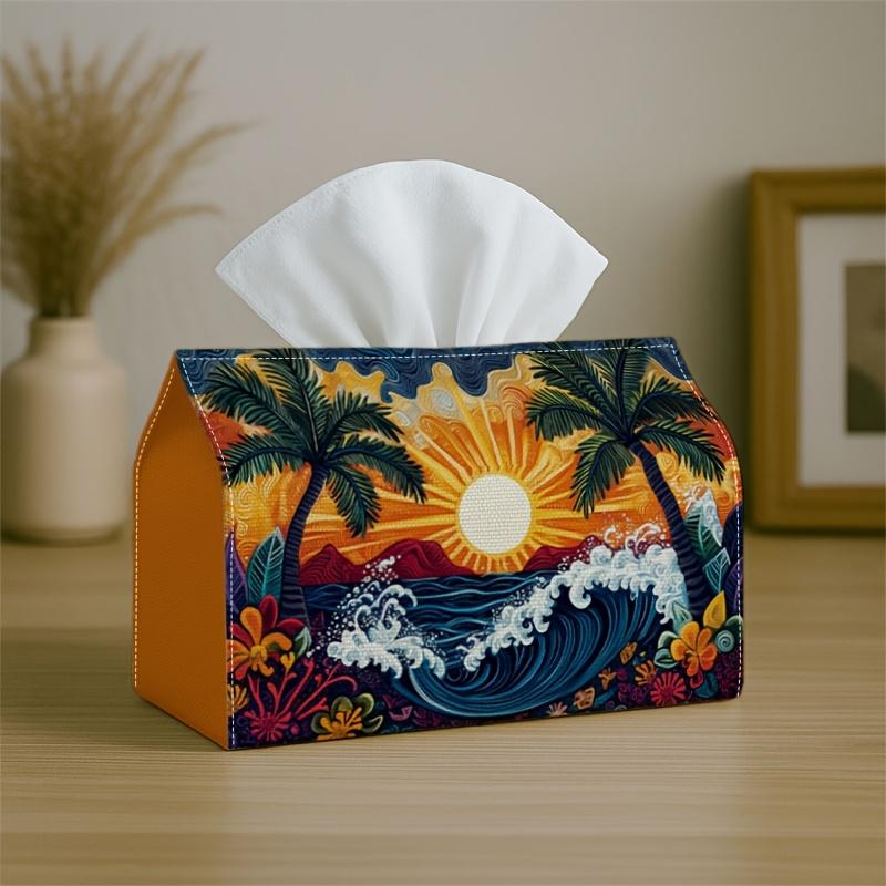 1pc Two Sizes Available Vibrant Tropical Sunset Tissue Box-Ocean Wave Palm,Durable Napkin Organizer for Car,Kitchen,Dining,Home Decor-Decorative Table