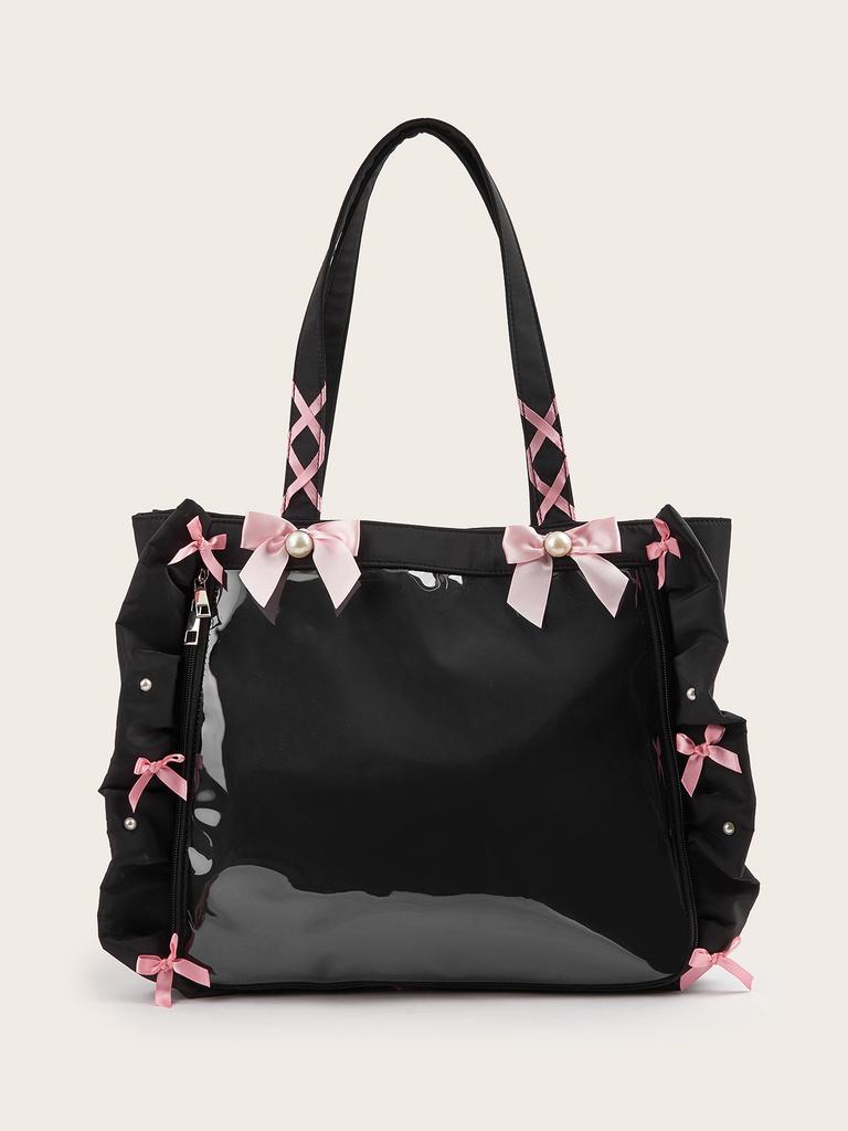 Japanese Ruffled Ribbon Bow Ita Bag Women Sweet Cute Multifunctional Clear Shoulder Purse Ladies Anime Badge Spacious Tote Bag