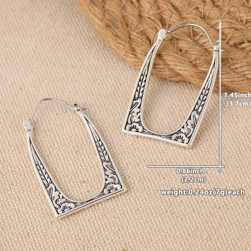 Vintage Geometric Silvery Plated Hollow Carved Flower Design Hoop Earrings for Women's Simple Bohemian Style Jewelry Accessories