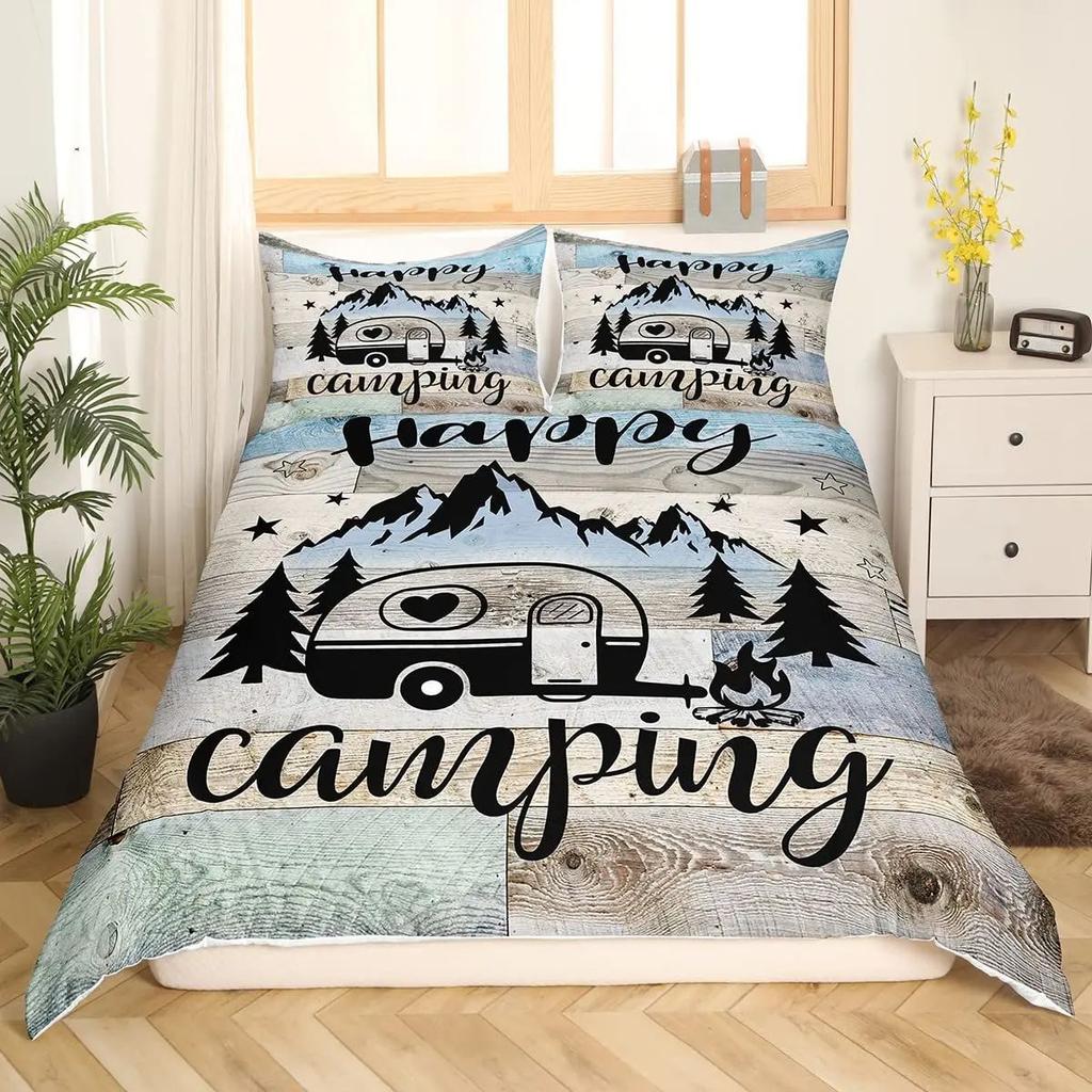 Happy Camping Duvet Set Retro Style Bedding Set Three-Piece Set