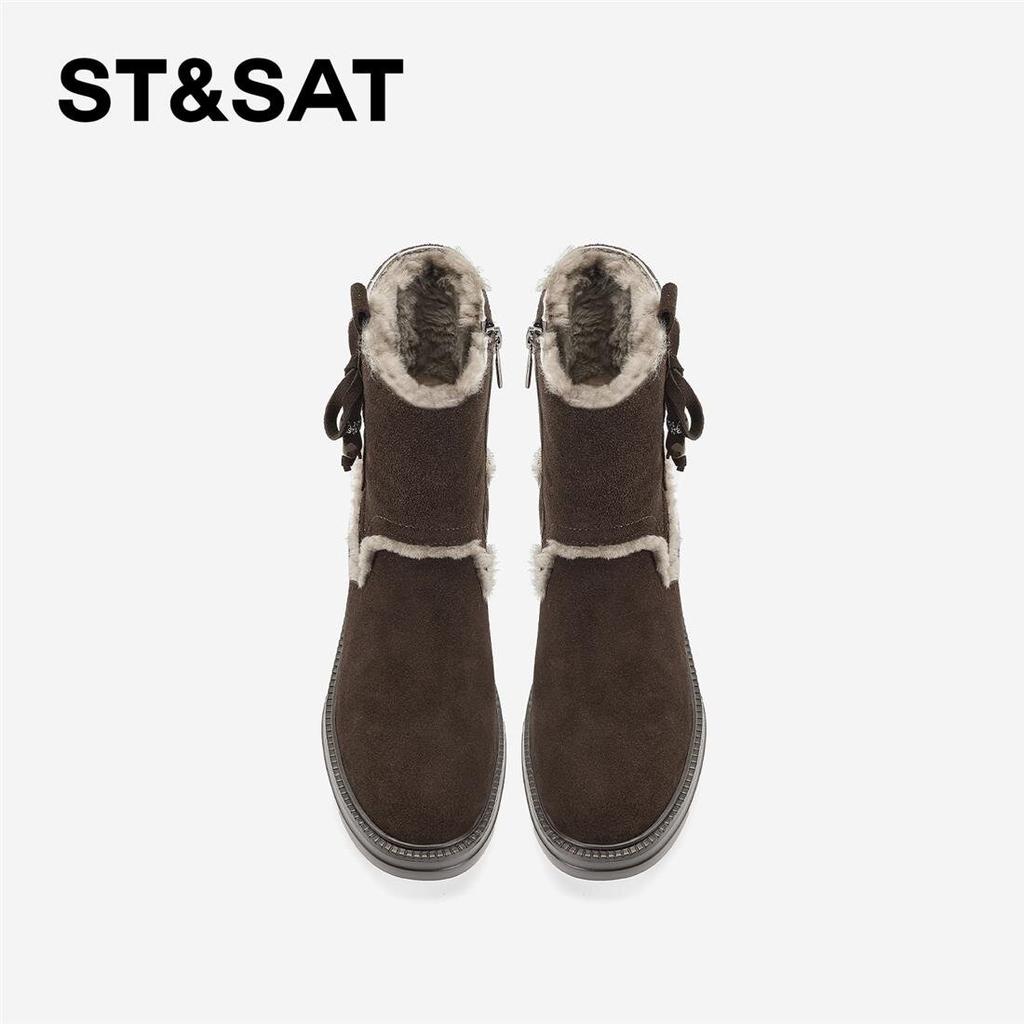 St&Sat/Saturday Plush Short Boots Thick Bottom Thick Heel Warm Versatile Fashion Boots Fashion Winter High Heels Women