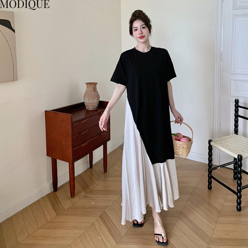 MODIQUE Летние платья больших размеров для женщин, свободные, элегантные, в тон, шелковые, пэчворк, длинные платья, женские, повседневные, с коротким рукавом и круглым вырезом