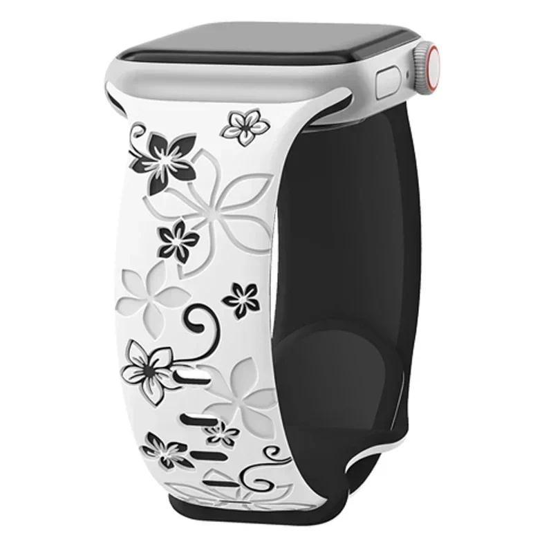 3D Цветочный Гравированный Силиконовый Спортивный Ремешок для Apple Watch Ultra 2 49мм S10 11 42 46мм 44 45 41 38 40мм iWatch SE 9 8 7 6 5 3