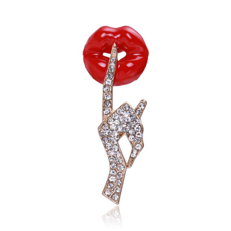 Fashion Luxury Cute Big Red Lips Hand Brooches Gold Color Rhinestone Enamel Alloy Brooch Lady Party Pins Birthday Gifts