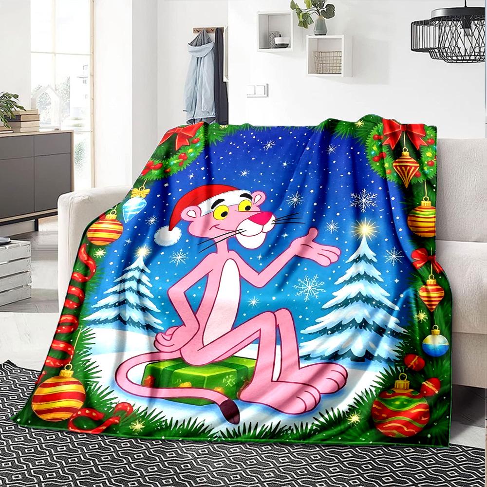 Pink Panther Christmas Flannel Blanket Super Soft Warm Cozy Blanket for Sofa Bed Office Travel All‑Season Home Decor Gift