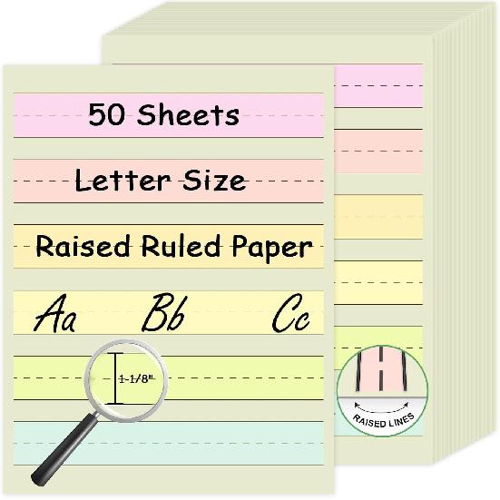 Handwriting Paper Kindergarten Wide Ruled 1-1/8” Raised Lined Paper Primary Writing Pad 8.5 x 11 Inch Colored Spacing Papers Tactile for Kids