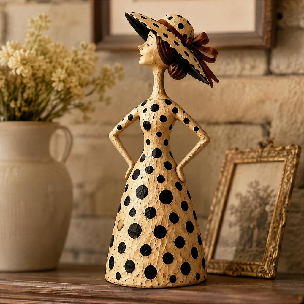 Retro Folk Art Cat Lady Figurine Set Resin Handmade Vintage Decor Farmhouse Statue 2 Piece