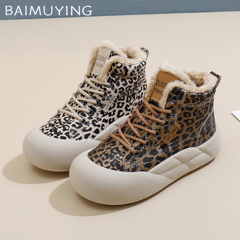 Женские зимние ботинки на платформе с леопардовым принтом и шнуровкой, дизайнерские туфли на плоской подошве из хлопка, модные короткие теплые зимние ботинки 2025 года из плюша