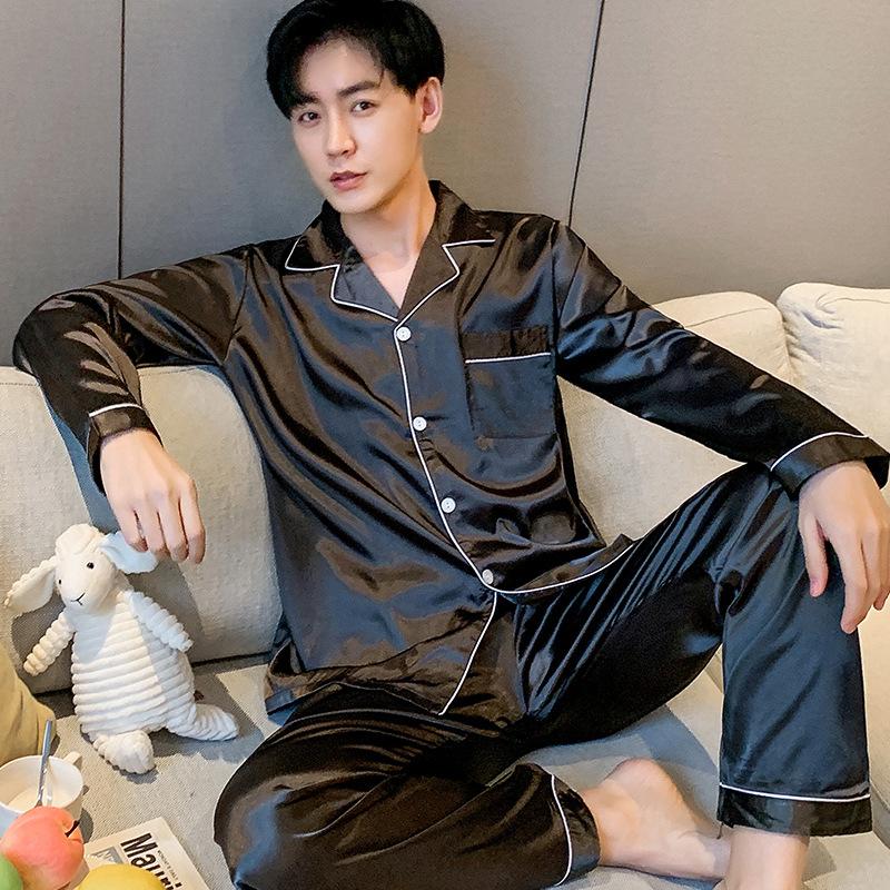 Весенне-осенняя мужская пижама с длинными рукавами из тонкого ледяного шелка, летний костюм из искусственного шелка для домашнего использования