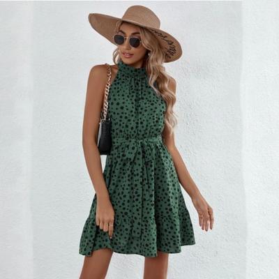 Мини-платье А-силуэта с высокой талией Осень Зима Женское Повседневное Без рукавов Холтер Рюши по краям Принт в горошек