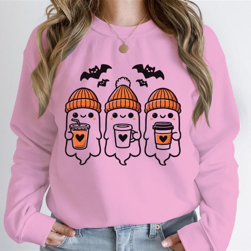 Halloween Ghost Coffee Print Round Neck Hoodie - Comfortable & Stylish Fit