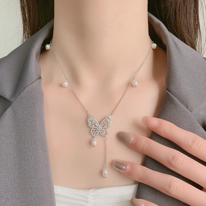 Элегантное серебряное (S925) колье с жемчужной бабочкой, кисточкой и подвеской с цирконом для женщин