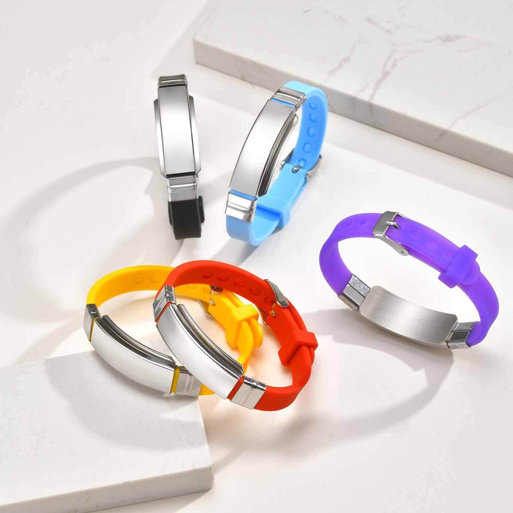 Vnox Free Customizable Engraving Adjustable Silicone Bracelet with Stainless Steel Plate, Soft Rubber Bangle Wristband for Men