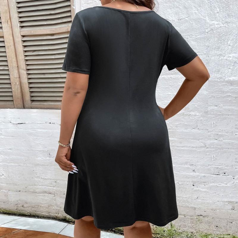 Summer Women's Short Sleeve High Waist Dress Lady Elegant Temperament Fashion Casual Party Dress Plus Size Slim Black A-line Skirt