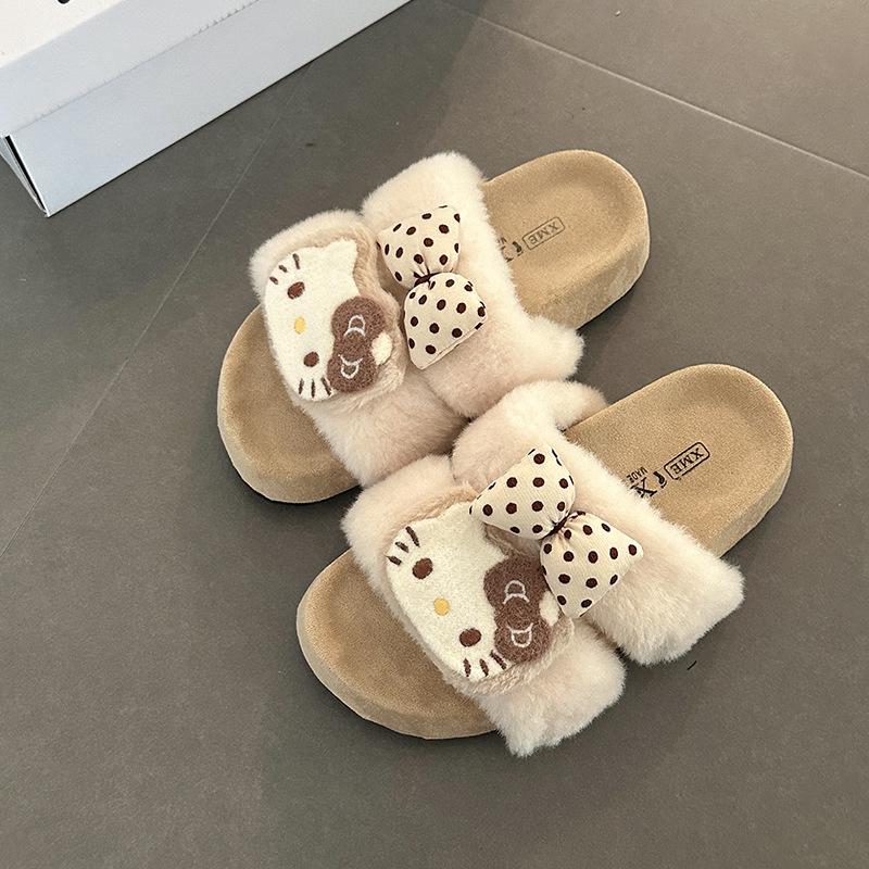 Милые мультяшные тапочки-бантики Hello Kitty, женские, новая коллекция осень-зима 2025, на толстой подошве, домашние, плюшевые, хлопковые, модные