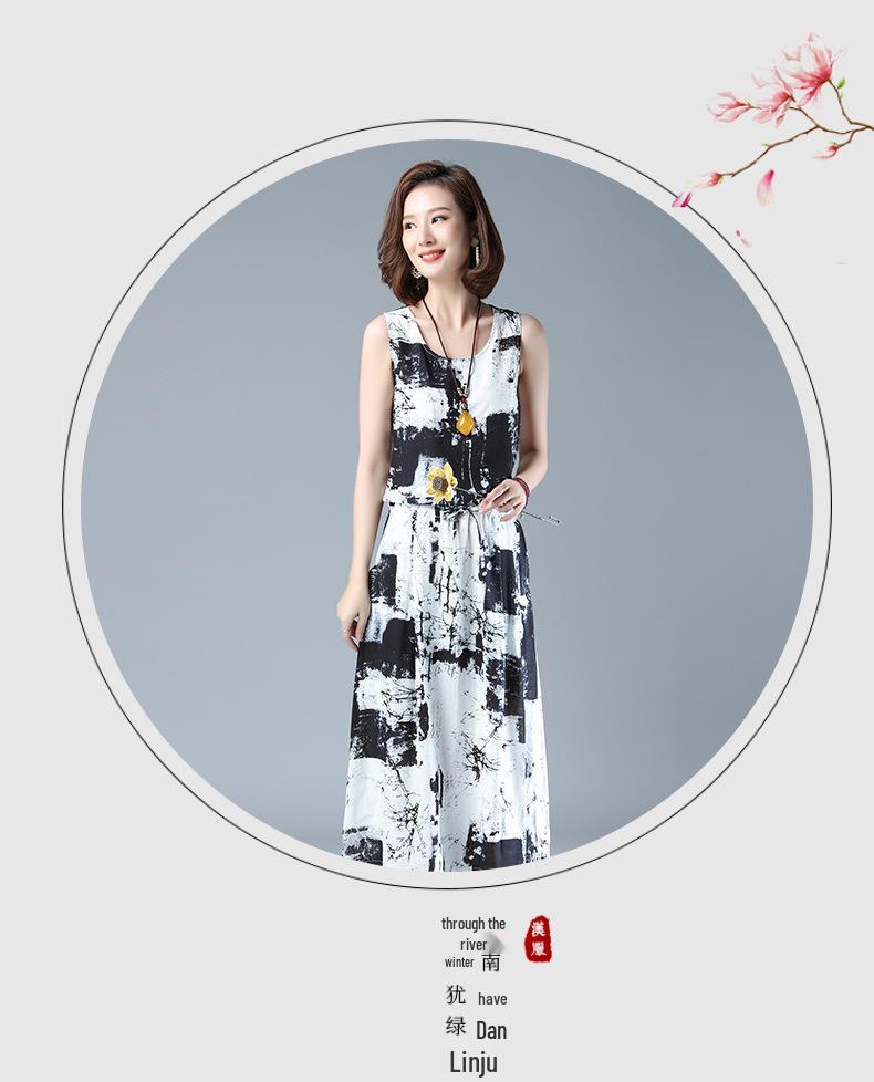 Женский летний костюм-двойка из хлопка и льна с шалью с принтом тушью, 2025