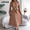 Spring and Autumn Women's Dress Temperament Elegant V-neck Button Tie Big Swing Pleated Long Dress