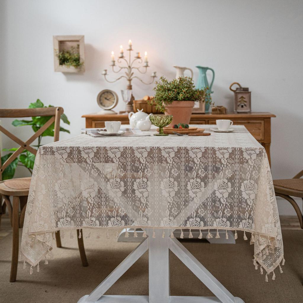 Bohemian Chic Crochet Lace Tablecloth, Farmhouse Style Vintage Hollow-Out Design Beige/Brown, Perfect for Kitchen Dining, Buffet Table, Holiday Dinner