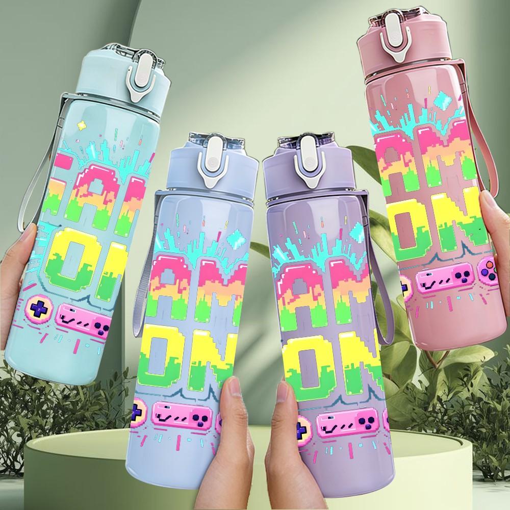 1PC Game On Neon Glow Text Pattern 750ml Color Plastic Sports Water Bottle Leakproof Flip Straw Lid Suitable for Sports Office Home Use